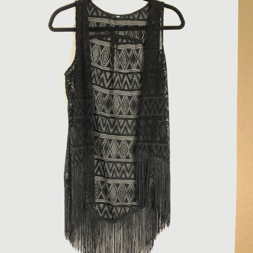 NEW Black Fringe Sleeveless Kimono Vest